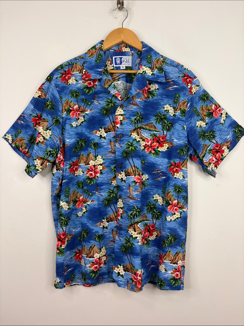 Vintage RJC Hawaiian Shirt Mens XL Blue Cotton Tropical Surfers Made in USA